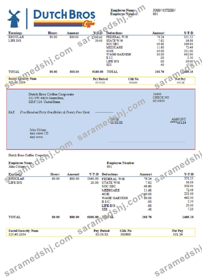 USA Dutch Bros Coffee Corporate coffeehouse company pay stub
